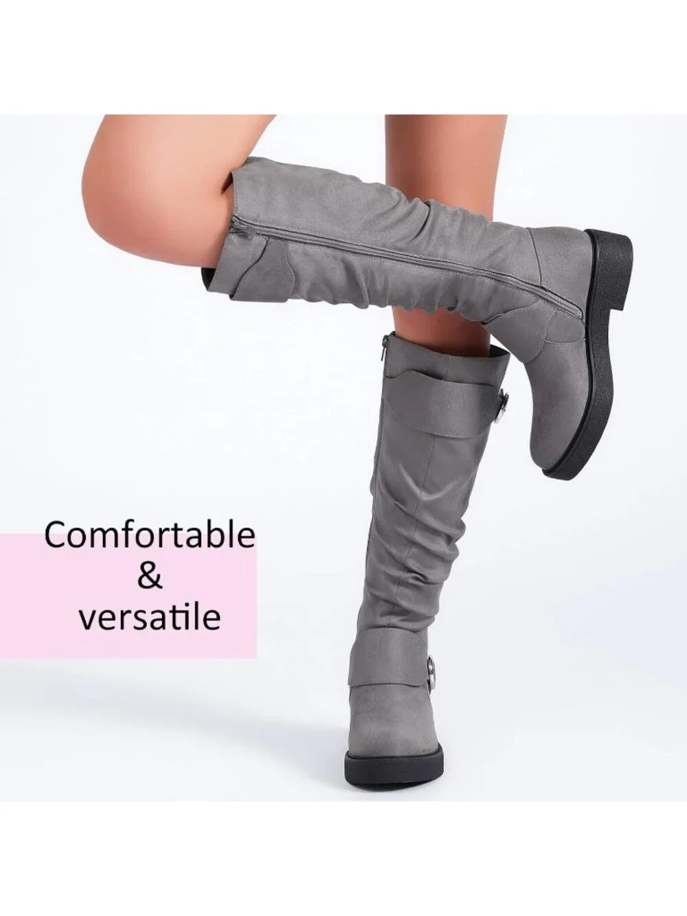 Women's Grey Platform Slouchy Side Zipper Comfort Round Toe Knee High Boots